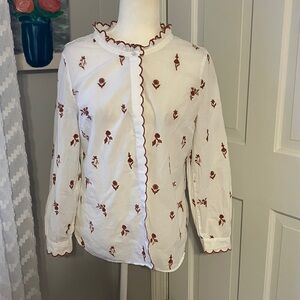Talbots White Blouse with Embroidered Flowers and scalloped trim